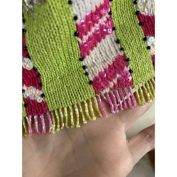 Design Options Philip Jane Gordon Cardigan - S Green Pink Candy Cane Beaded WOW! - Picture 6 of 10